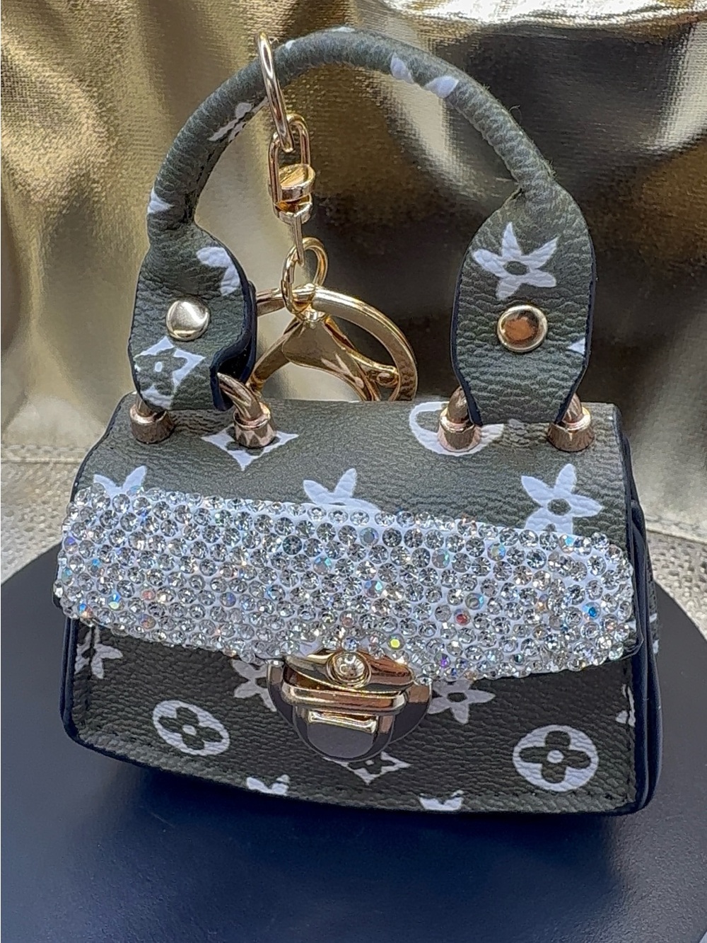 Designer-Inspired Dark Olive Monogram Mini Handbag Keychain with Crystal Accent